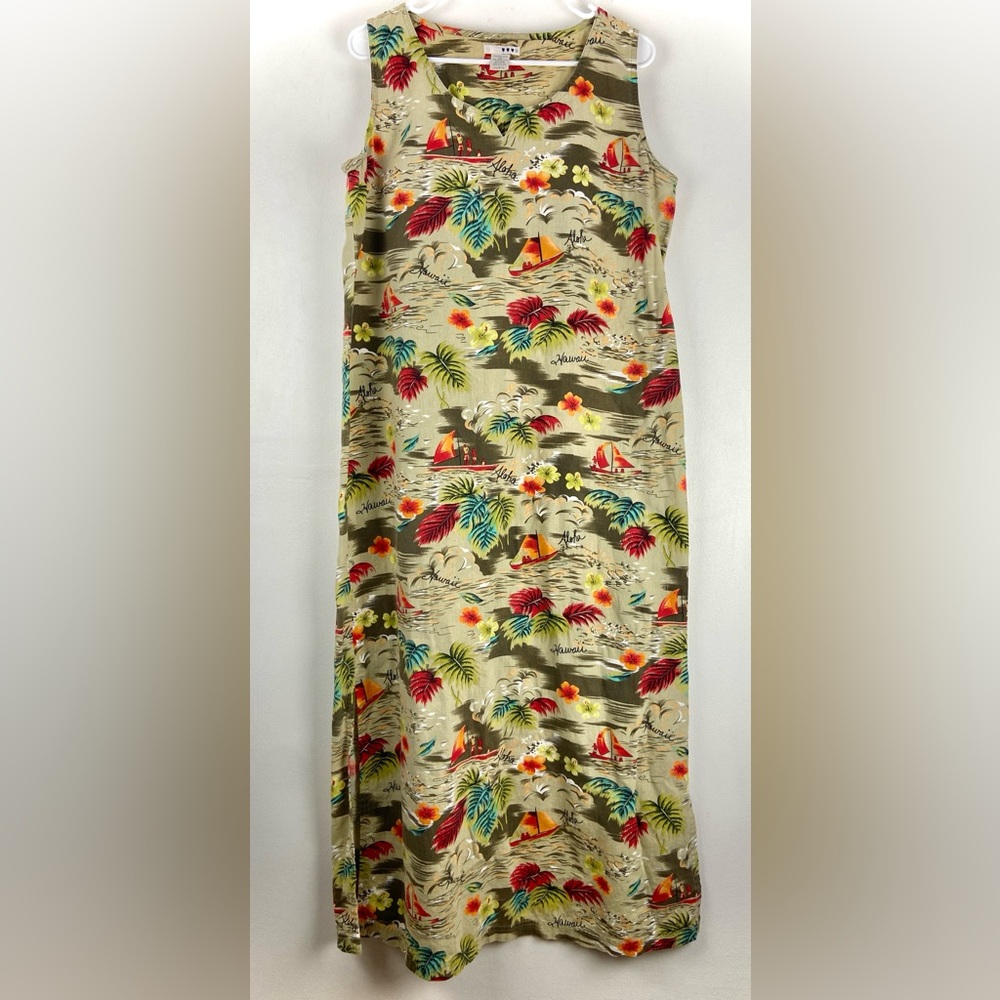 Created With Love Hawaiian Linen Cotton Long Tropical Floral Maxi Dress Size L